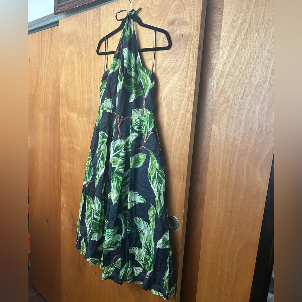New Ann Taylor Black and Green Halter Leaf Print Dress Sz 14